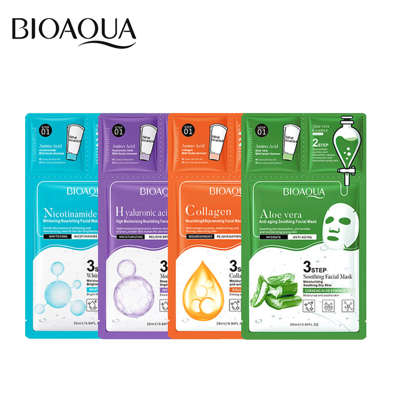BIOAOUA Mascarilla facial 3 en 1: &Aacute;cido hialur&oacute;nico, niacinamidas, aloe vera y col&aacute;geno COD. DR048/DR049/DR050/DR051